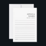 Cartão De Conselho O Casamento Minimalista Moderno Chic Deseja e<br><div class="desc">Numa dança de elegância clássica e simplicidade moderna, esse cartão de conselho preto e branco combina encanto de eterno com design contemporâneo. Criado para Boho Date Ideas e um amável encontro, cada linha neste cartão convida a sabedoria sincera que promete guiar sua jornada compartilhada. O layout minimalista reflete uma estética...</div>