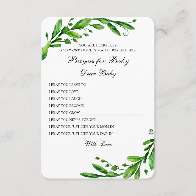 Cartão De Conselho Orações para o bebê. Desejos botânicos verdes. Gre (Frente)