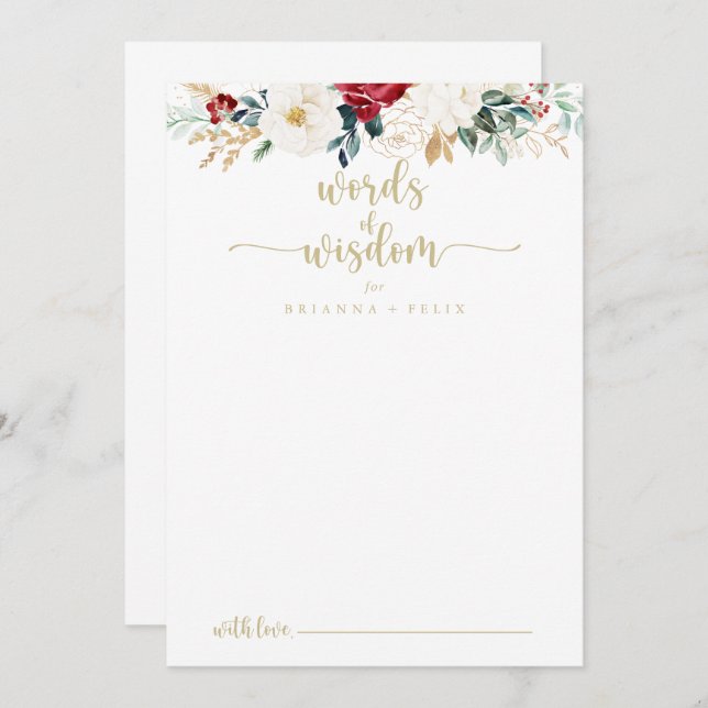 Cartão De Conselho Palavras Clássicas de Casamento Floral Dourado da  (Frente/Verso)