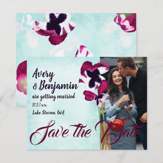 Cartão De Conselho Pansias de Turquesa Violeta Rosa Salvem a Data (Frente/Verso)