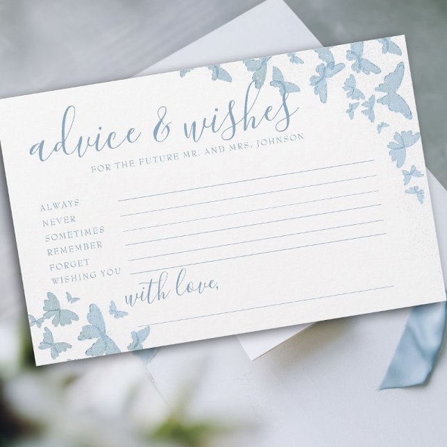 Cartão de Conselho para Casamento Sr Sra Borboleta (butterfly bridal shower game advice and wishes for mr and mrs dusty blue romantic elegant)