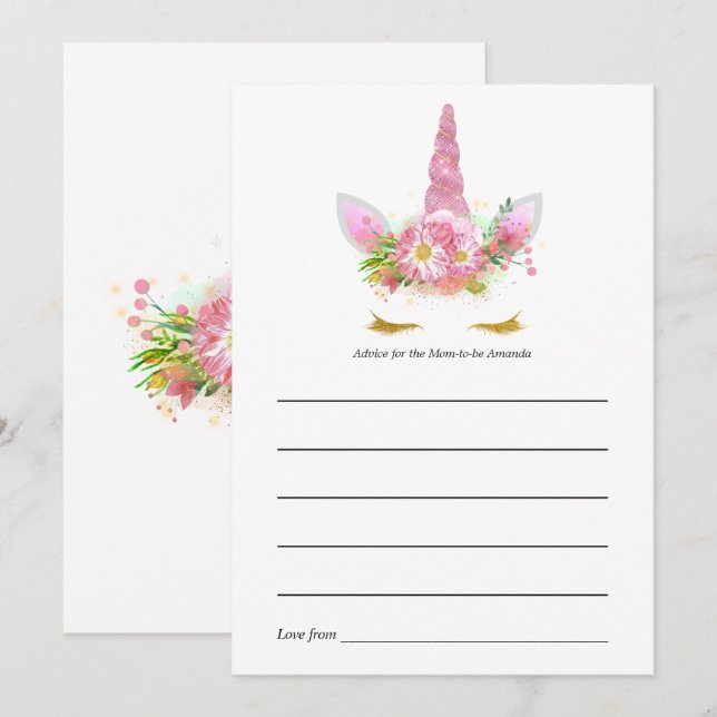 Cartão de Conselho para Chá de Bebê Unicórnio Flor (Frente/Verso)