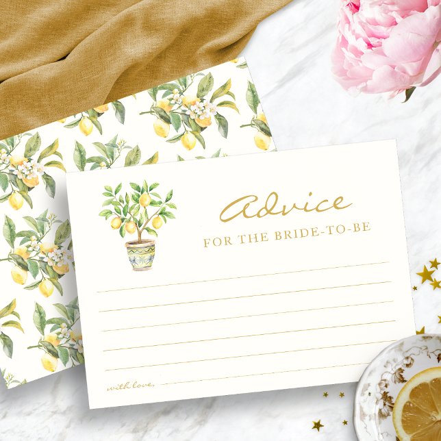 Cartão de Conselho para Chá de Noiva com Limão Cit (Watercolor Citrus Lemon Floral Bridal Shower Advice Card by Painted Paperie
)