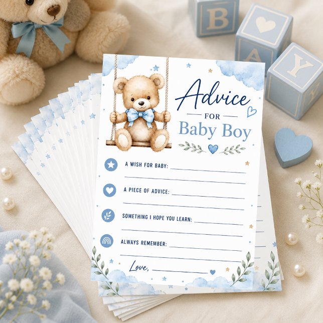 Cartão de Conselho para Chuvinha de Bebê Menino (Teddy bear baby shower advice cards for collecting wishes and memories.)