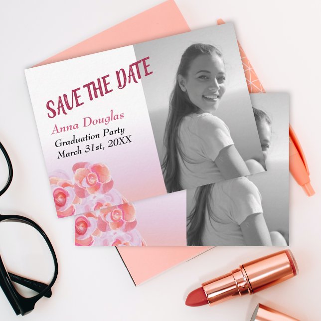 Cartão De Conselho Pêssego, Rosas Rosa Salvar a Data (cute simple peach pink roses save the date photo card graduation party graduate grad template card)