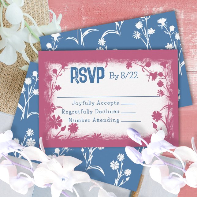 Cartão De Conselho Placa RSVP Azul do Marinho Mauve Rosa (vintage floral mauve pink red and blue bat mitzvah jewish birthday party RSVP response reply card)