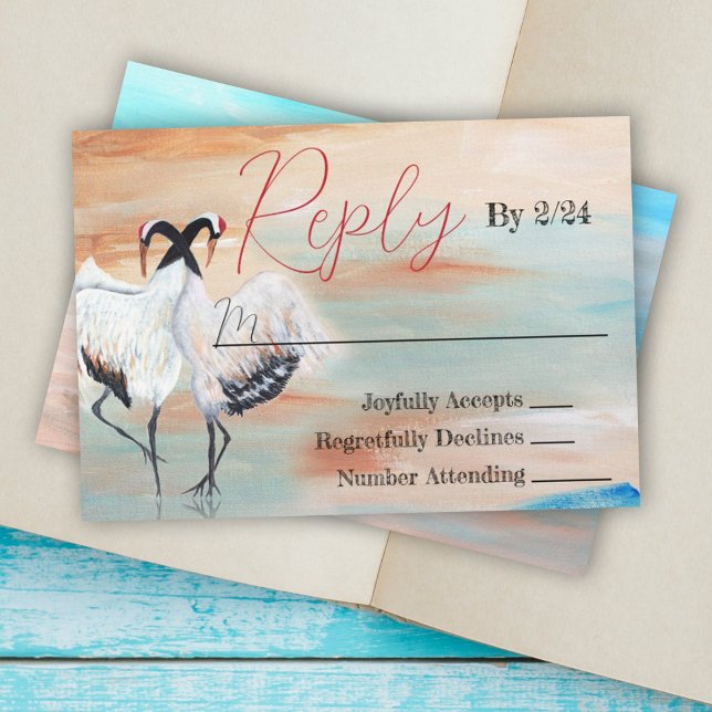 Cartão De Conselho Placa RSVP de Casamento de Crane de Tancho Japonês (natural beige white asian cranes origami japanese wedding reply response return enclosure cards)