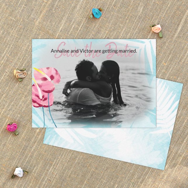 Cartão De Conselho Placa salva-vidas das flores de goma rosa tropical (turquoise and pink tropical wedding save the date card, pink gumdrop flowers, hawaiian theme)