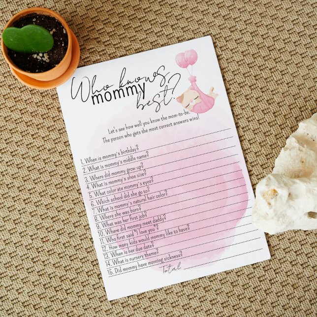 Cartão De Conselho Quem Conhece Mais Mamães? Chá de fraldas de Kitten (Who knows mommy best? Cat theme baby shower game.)