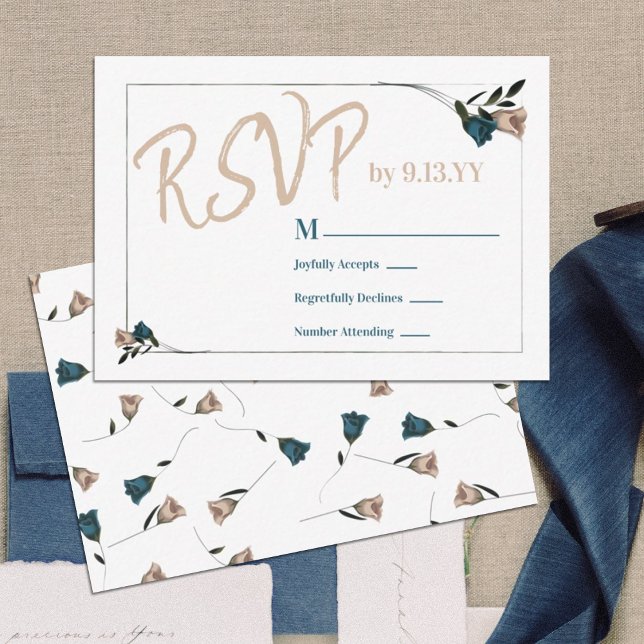 Cartão De Conselho Rosas de beige Verde-Teal Botânico RSVP (Teal, beige rose rsvp card for teal floral bat mitzvah invitations, script calligraphy reply cards)