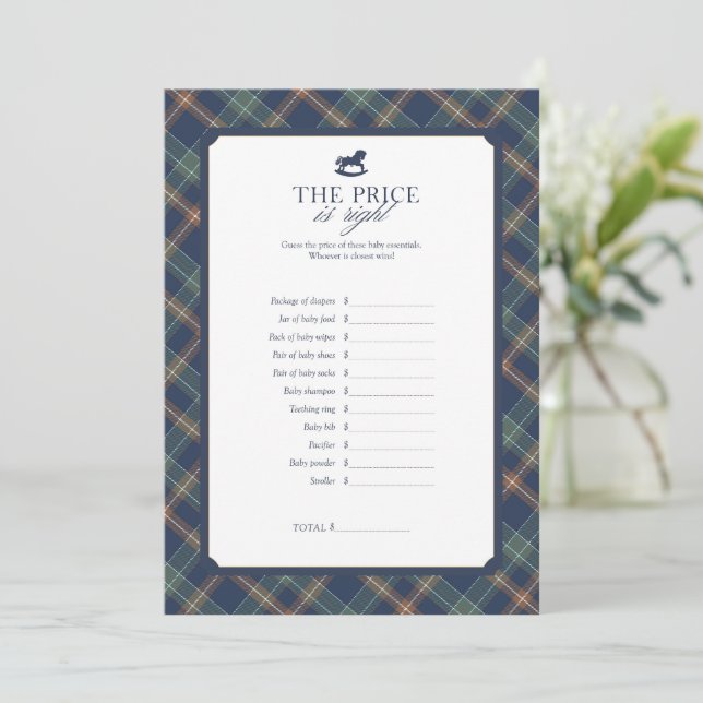 Cartão De Conselho The Price Is Right Baby Shower Game Navy Plaid (Em pé/Frente)