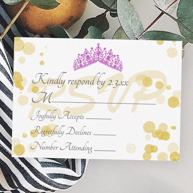 Cartão De Conselho Violet Tiara e Placa RSVP de Luzes de Shimmery Dou (gold shimmery lights violet pink tiara crown quinceanera rsvp enclosure card, pink gold reply card)