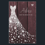 cartão de conselhos de chá de noiva vestido de noi<br><div class="desc">Vestido de noiva de diamantes brilhantes brancos em um fundo de madeira de celeiro burgundy escuro fazendo um cartão de conselhos de chá de noiva moderno e simples.</div>