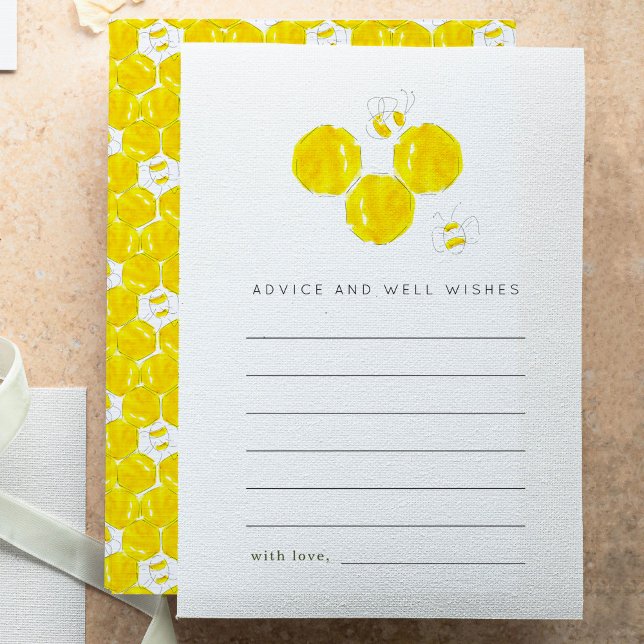 Cartão de Conselhos e Desejos para Chás de Bebê Bu (Yellow watercolor buzzing bumble bees and honeycombs baby shower advice cards.)