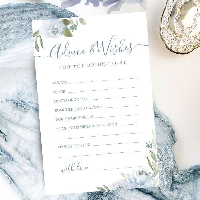 Cartão de conselhos e votos de casamento em azul e (Dusty blue floral wedding advice & wishes card)