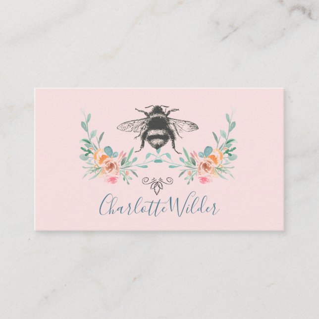 Cartão De Contato Assinatura de Script Personalizada Bee Floral Rosa (Frente)