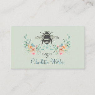 Cartão De Contato Assinatura de Script Personalizada Bee Floral Verd