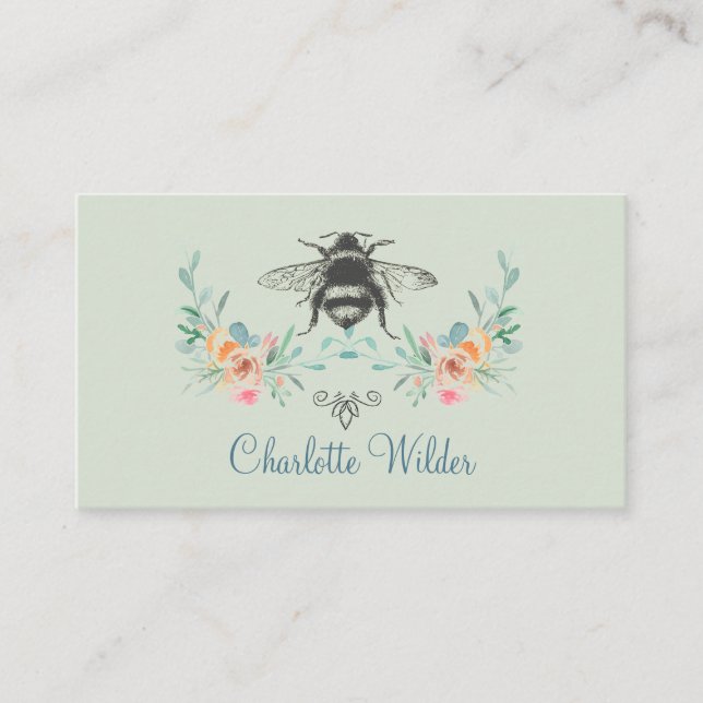 Cartão De Contato Assinatura de Script Personalizada Bee Floral Verd (Frente)