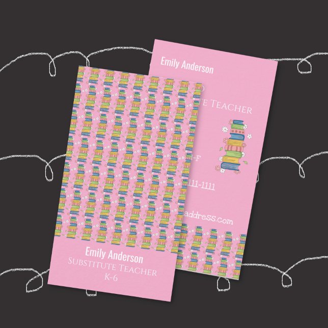 Cartão De Contato Books Pattern Tutor Pink Vertical Business Card (Books pattern tutor pink vertical business card .)