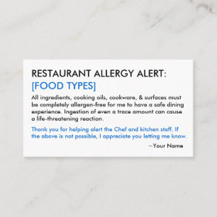 Cartão De Contato Comida Allergy Restaurant & ICE Card