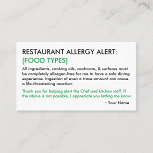 Cartão De Contato Comida Allergy Restaurant & ICE Card