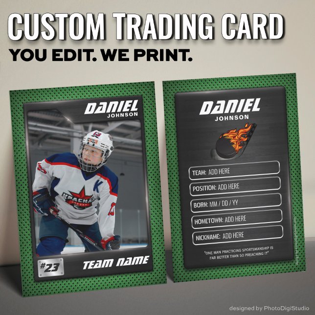 Cartão De Contato Custom Hockey Trading Card, Green Graphite Player (Custom Hockey Trading Card, Green Graphite Player Card)