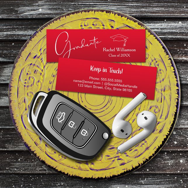 Cartão De Contato Detalhes da Classe de Nome de Graduação Vermelho (Small red Graduation Calling Cards are 3" x 1", hand out to friends keep in touch)