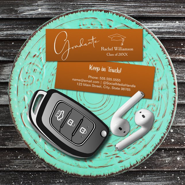 Cartão De Contato Detalhes da Classe do Nome de Graduação Laranja Qu (Small burnt orange Graduation Calling Cards are 3" x 1", hand out to friends keep in touch)