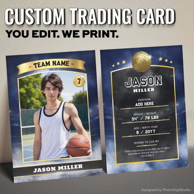 Cartão De Contato Estádio Dourado Azul para Trocas de Basquete Perso (Custom Trading Card, Editable Basketball Trading Card, Modern Blue Gold Stadium Design)