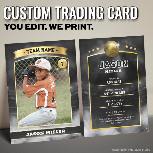 Cartão De Contato Estádio Dourado da Placa de Comércio de Baseball P (Custom Trading Card, Editable Baseball Trading Card, Modern Black Gold Stadium Design)