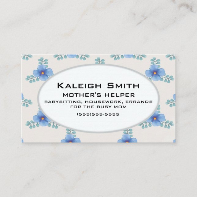 Cartão De Contato Floral Azul no Auxiliar da Mãe Branca (Frente)