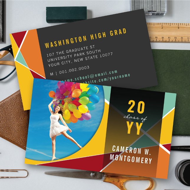 Cartão De Contato Formando de Fotografia do Mod das Linhas Geométric (Yellow Stylish Geo Criss Cross Photo Graduation Calling Card by fat*fa*tin)