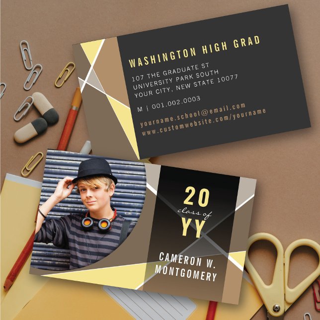 Cartão De Contato Formando de Fotografia do Mod das Linhas Geométric (Tan Stylish Geometric Criss Cross Photo Graduation Calling / Name Card @ zazzle.com/color_therapy)