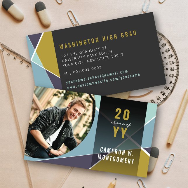 Cartão De Contato Formando de Fotos do Mod das Linhas Geométricas do (Blue Stylish Geometric Criss Cross Photo Graduation Calling / Name Card @ zazzle.com/color_therapy)