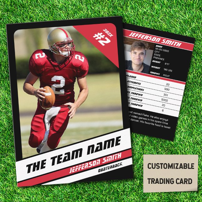Cartão De Contato Futebol Team Trading Card Esporte Presente Vermelh (American Football Player Trading Card in Black with Custom Team and Player Name with Red Stripes
)
