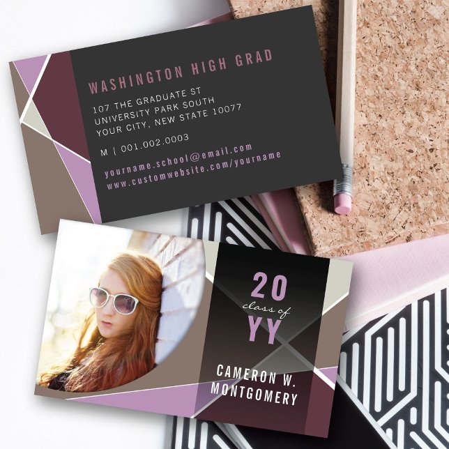 Cartão De Contato Linhas Geométricas Elegantes Roxas Foto de Formatu (Purple Stylish Geometric Criss Cross Photo Graduation Calling / Name Card @ zazzle.com/color_therapy)