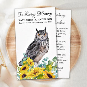 Cartão De Contato Memorial Funeral Prayer Card Owl Sunflower Floral