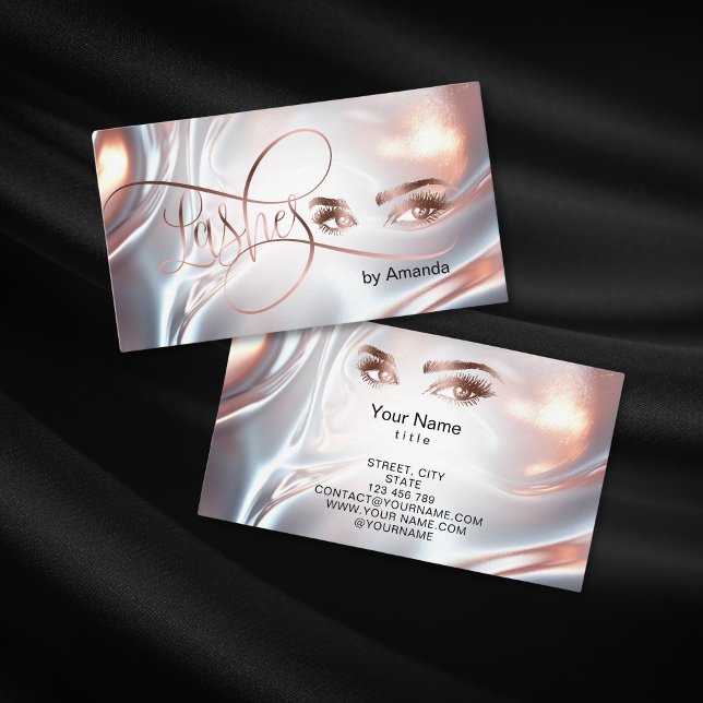 Cartão De Contato Modern Makeup Artis Lashes Rosa Opal Dourado (rose gold liquid metal makeup artist business card design)
