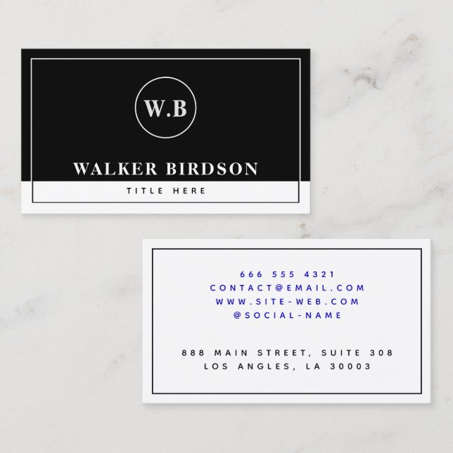 Cartão De Contato Monograma preto e branco moderno (Frente/Verso)