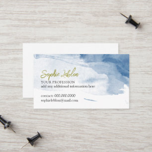 Cartão De Contato Nome de Letra Elegante Aquarela Azul Branco