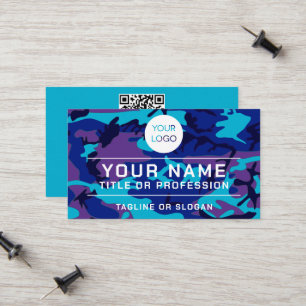 Cartão De Contato Nome do logotipo profissional Código QR Camo azul