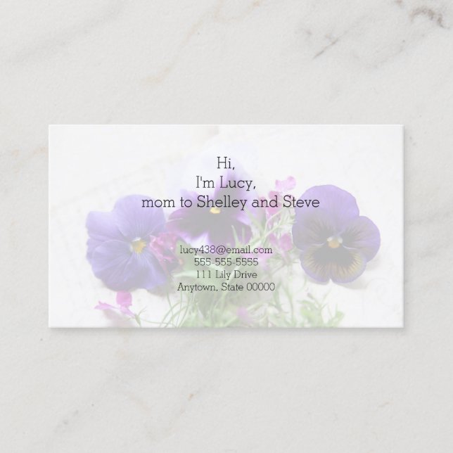 Cartão De Contato Pansies e lobelia na mamã idosa da escrita (Frente)