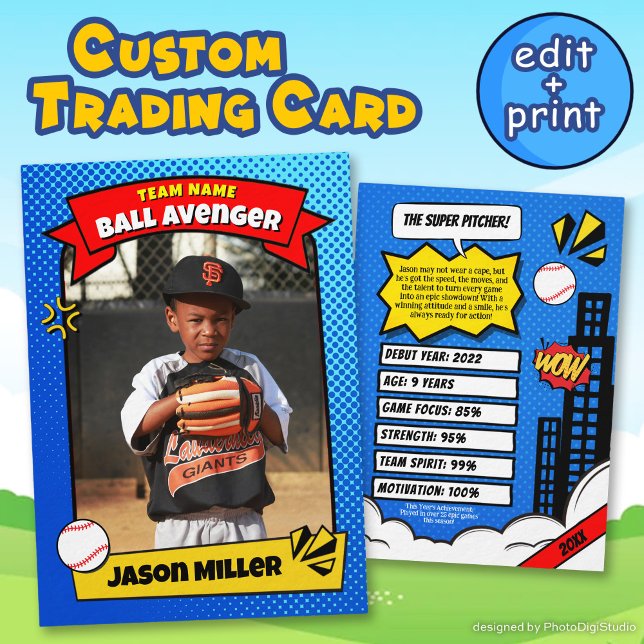 Cartão De Contato Placa Comercial Personalizada de Baseball, Placa B (Custom Baseball Trading Card, Comic Baseball Card)