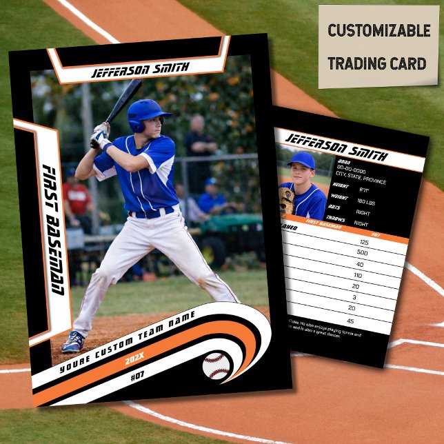 Cartão De Contato Placa de Comércio de Beisebol Lively Orange Black (Baseball Player Trading Card in Black with Custom Team Name and White Orange Elements)