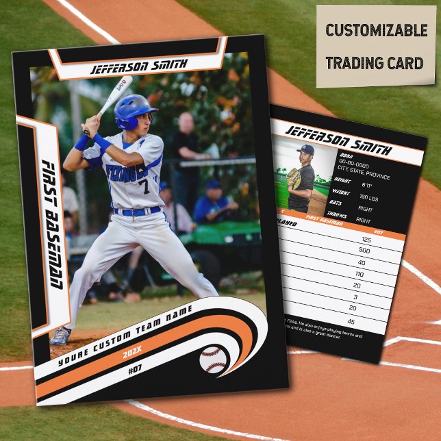 Cartão De Contato Placa de Comércio de Beisebol Lively Orange Black (Baseball Player Trading Card in Black with Custom Team Name and White Orange Elements)