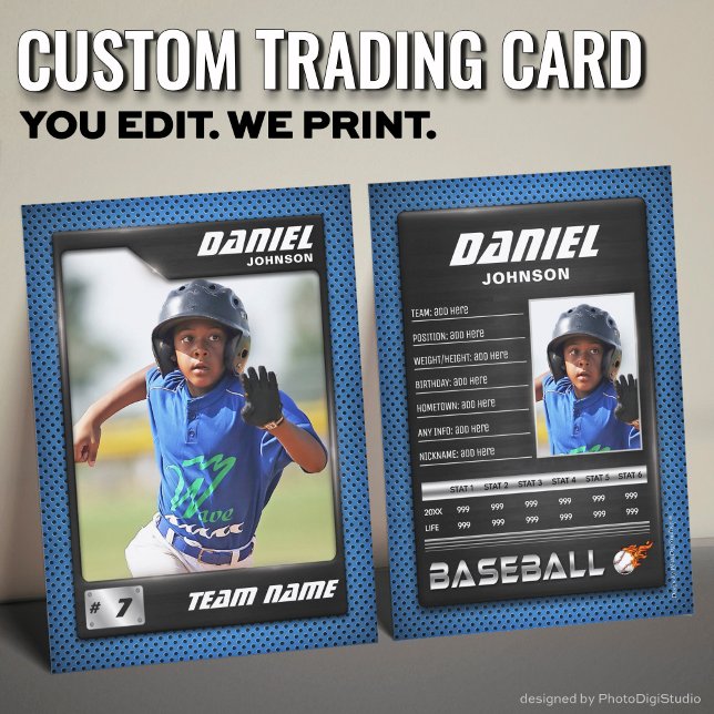 Cartão De Contato Placa PRO Baseball com Placa de Negociação de Joga (Custom Baseball Trading Card, Blue Black PRO Stats Player Card)