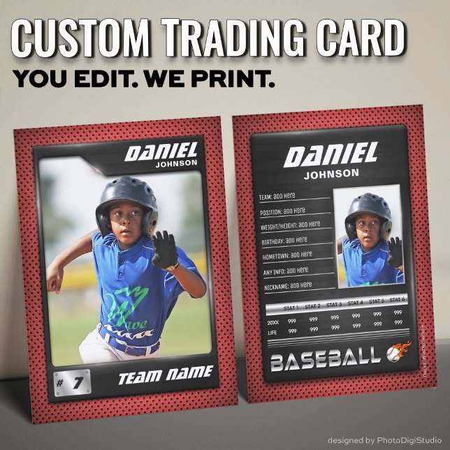 Cartão De Contato Placa PRO Baseball com Placa de Negociação de Joga (Custom Baseball Trading Card, Red Black PRO Stats Player Card)