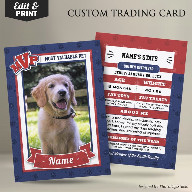Cartão De Contato Placas de Comércio de Pet Personalizadas da MVP Ca (MVP Custom Pet Trading Card, Clasic Red Blue Card, Therapy Dog Trading Card Template and Print)