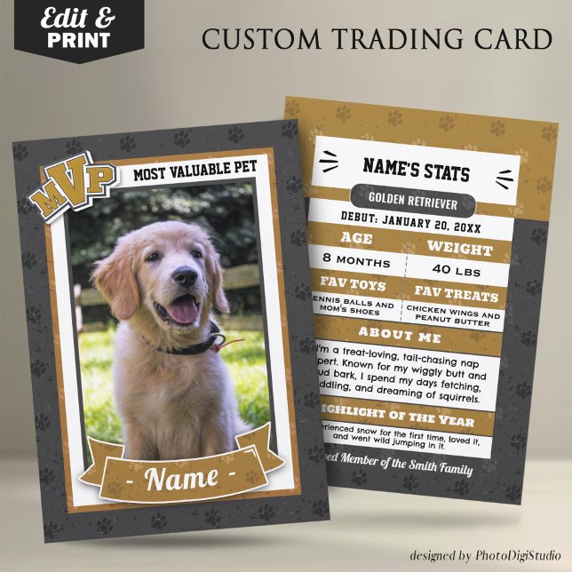 Cartão De Contato Placas de Comércio de Pet Personalizadas da MVP Ca (MVP Custom Pet Trading Card, Clasic Gold Card, Therapy Dog Trading Card Template and Print)