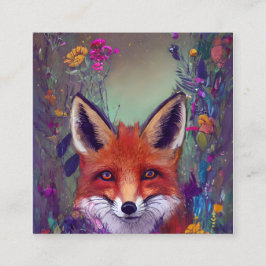 Cartão De Contato Retrato de uma Raposa com Flores Hiperdetalhado e